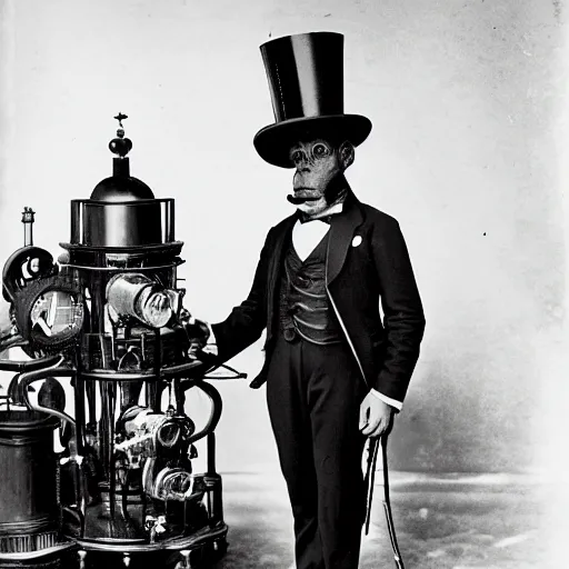 Image similar to A gorilla in a suit and top hat showing his steampunk inventions at 1893 Chicago world's fair