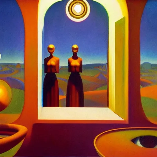 Image similar to three biomorphic robotic seers watchers oracles soothsayers with glowing eyes, inside a dome, pj crook, grant wood, edward hopper, syd mead, chiaroscuro, oil on canvas