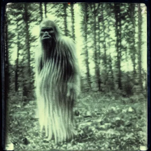 Image similar to a tarkovsky style polaroid photo of a real life bigfoot