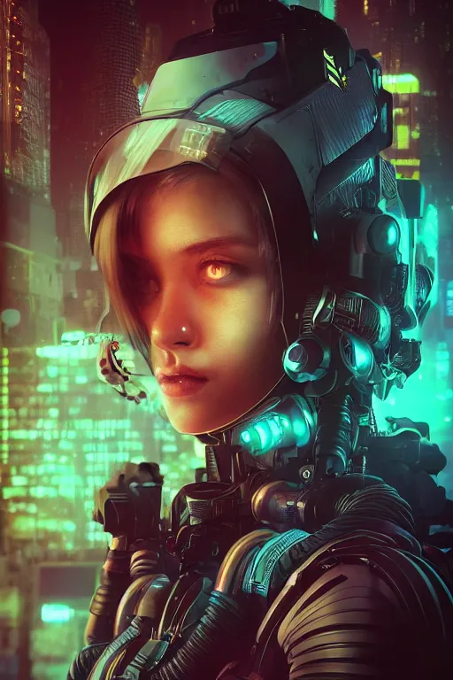 Prompt: beautiful portrait of a cyborg mercenary girl, art by wlop, liam wong, head and shoulders, cyberpunk, neon, intricate details, trending on artstation, sharp focus, caustics, octane render, radiant light, 4 k