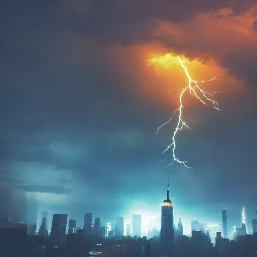 Image similar to tardigrade attacking new york, dramatic lightning, golden hour, cinematic