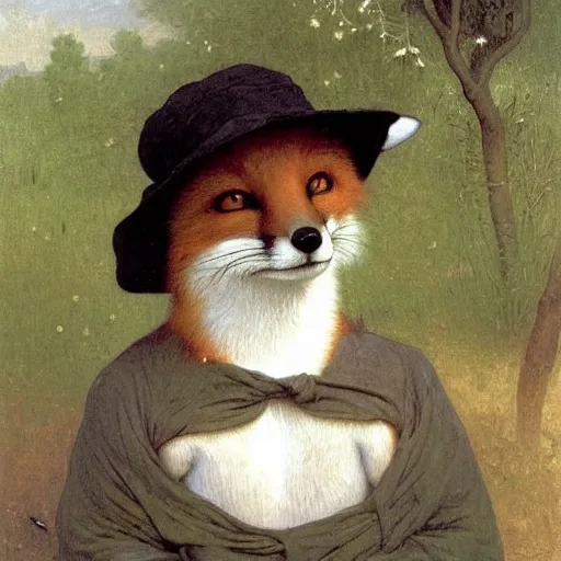 Prompt: A portrait of a fox wearing a hat full of dandelions, by Robert Cleminson and William-Adolphe Bouguereau