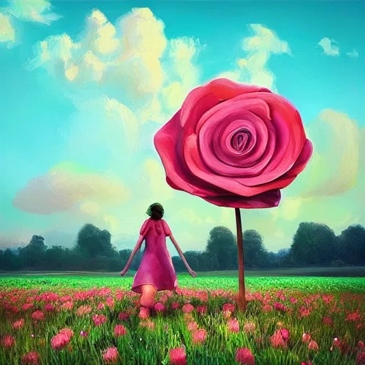 Image similar to giant rose as a head, girl walking in a flower field, surreal photography, sunrise dramatic light, impressionist painting, colorful clouds, digital painting, artstation, simon stalenhag