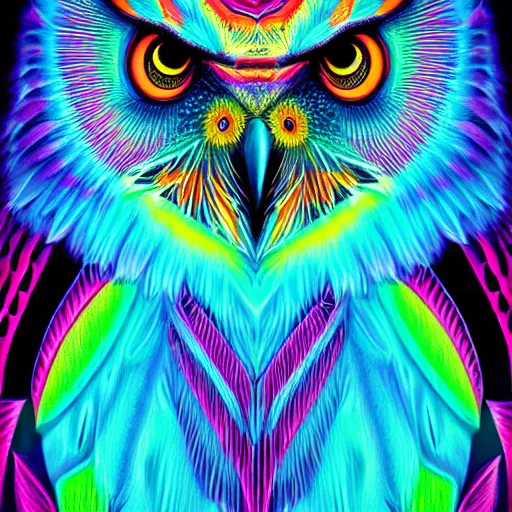 Prompt: neon tribal eurasian owl, pastel neon, photorealistic render 8k intricate, elegant, highly detailed, smooth, sharp focus, detailed face, high contrast, dramatic lighting, graphic novel, art by alex grey