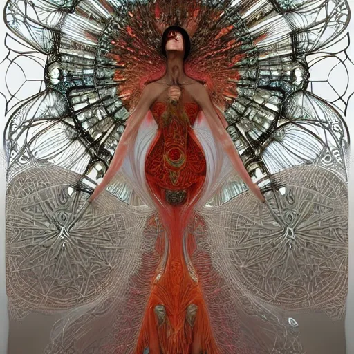 Prompt: dmt healer by alexander mcqueen, zdzisław beksinski and alphonse mucha. highly detailed, hyper - real, very beautiful, intricate fractal details, very complex, opulent, epic, mysterious, trending on deviantart and artstation, polished and minimalist redesign by zaha hadid and iris van herpen