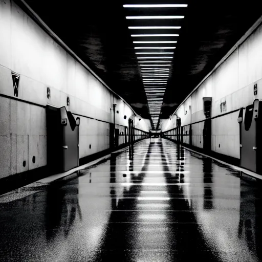 Image similar to Black military quadcopters, in the wide hallways in a futuristic prison underground, brutalist liminal architecture, sigma 85mm f/1.4, 4k, depth of field, high resolution, 4k, 8k, hd, full color