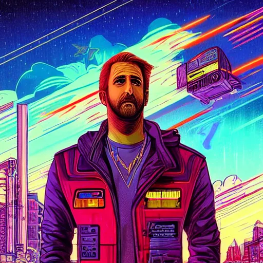 Image similar to a portrait of a Rayan Gosling with thunders in the sky in a future cybernetic city, outrun style and colours, trending on arstation, by dan mumford, by ross tran