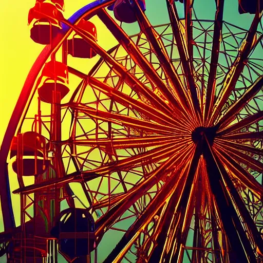 Image similar to ferris wheel at sunrise. neon light, award winning, artstation, intricate details, realistic, volumetric lighting, sun rays beaming, hyperdetailed, 8 k resolution, golden hour, intricate art nouveau, smooth, sharp focus, rendered in unreal engine 3