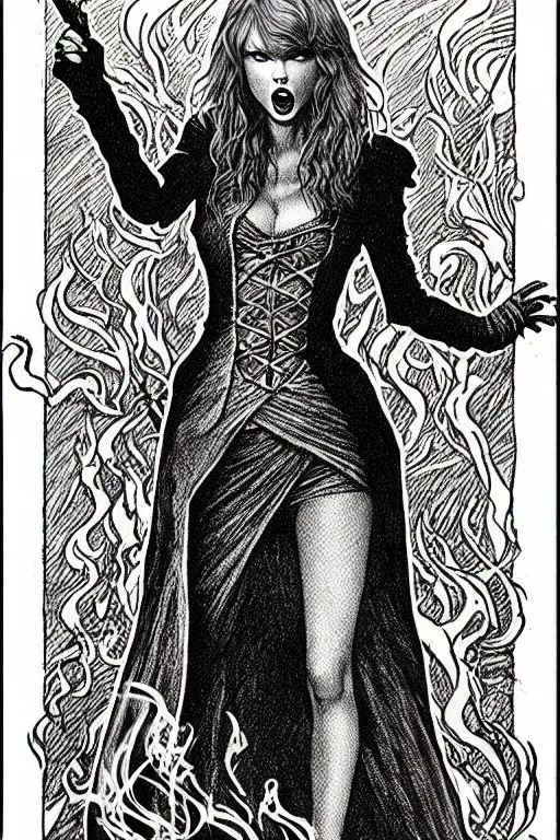 Image similar to taylor swift as a d & d smoke monster, full body, pen - and - ink illustration, etching, by russ nicholson, david a trampier, larry elmore, 1 9 8 1, hq scan, intricate details, inside stylized border