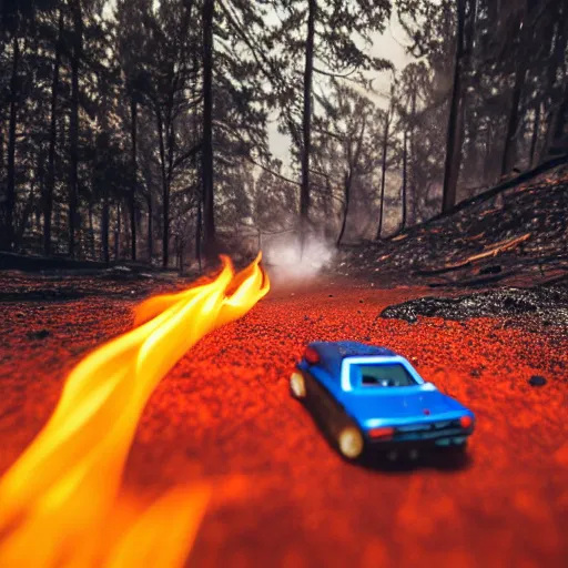 Image similar to macro photography of a toy hot wheels car driving through a forest fire, 3 5 mm