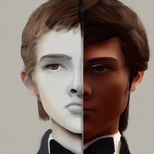 Prompt: a white teen with black short hair and dark brown eyes wearing a formal overcoat, hyperrealistic, high quality, high detail, 8k, trending on artstation