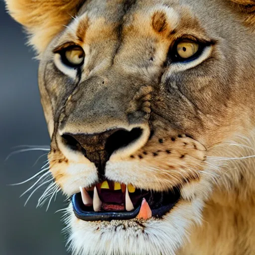 Image similar to a lioness, looking intensely at the camera, licking her mouth, 4 k, nature photograph