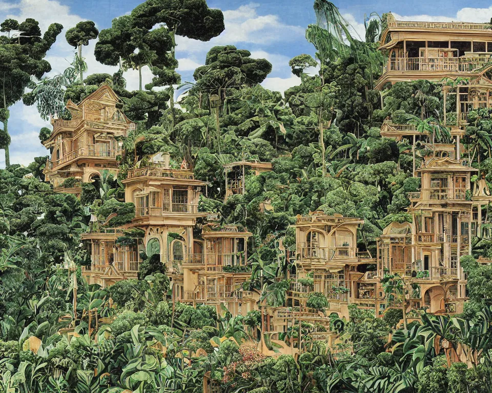 Prompt: repeating colonial mansions, overgrown with tropical foligage, by Salvador Dali and Hasui Kawase.