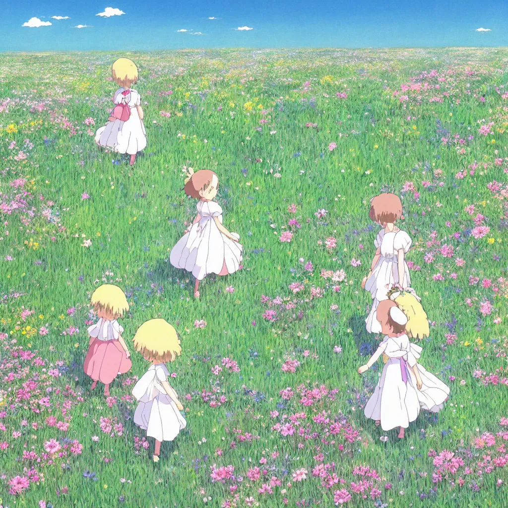 Image similar to little girl in princess dress, walking alone through a field of flowers, puffy clouds, beautiful, summer, calm, studio ghibli, art by hayao miyazaki, makoto shinkai