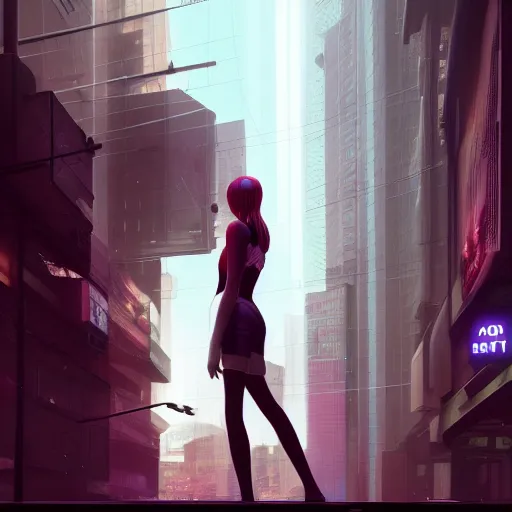 Prompt: a woman standing next to a pole in a city, cyberpunk art by Ilya Kuvshinov, cgsociety, photorealism, 2d game art, official art, daz3d