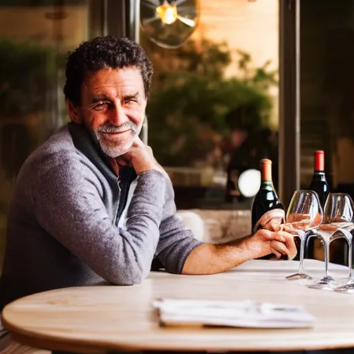 Image similar to photograph of a frenchman seated at a table with a bottle of wine in 2 0 2 0. colorful, award winning photography, 5 0 mm, extremely detailed face