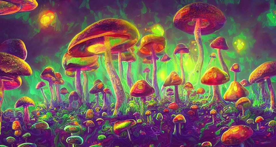 Image similar to a beautiful painting of trippy mushrooms by Tokio Aoyama, Mario Martinez, David Normal. photorealistic, trending on artstation, dramatic lighting, 8K, fantasy beautiful, surreal, cinematic.