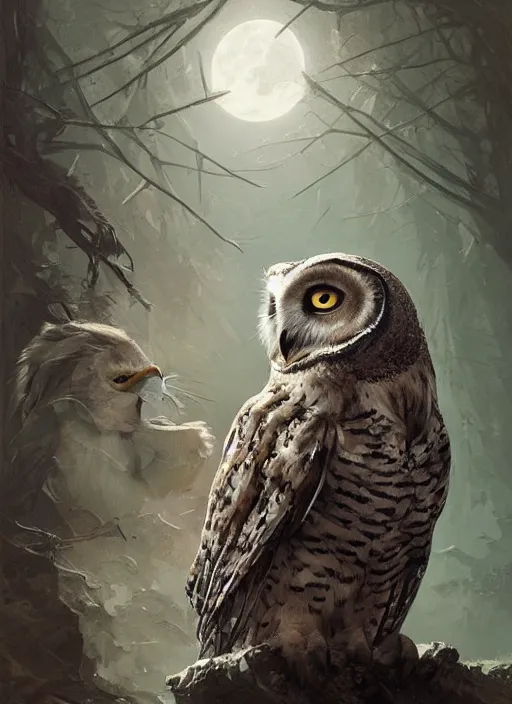 Image similar to Portrait of an Owl eating a rabbit, Dramatic clouds, Woods, Trees, Moon light, marvel comics, dark, intricate, highly detailed, smooth, artstation, digital illustration by Ruan Jia and Mandy Jurgens and Artgerm and Wayne Barlowe and Greg Rutkowski and Frank Frazetta