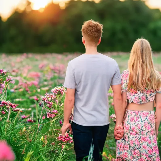 Image similar to a young couple holding hands in a field of flowers at sunset