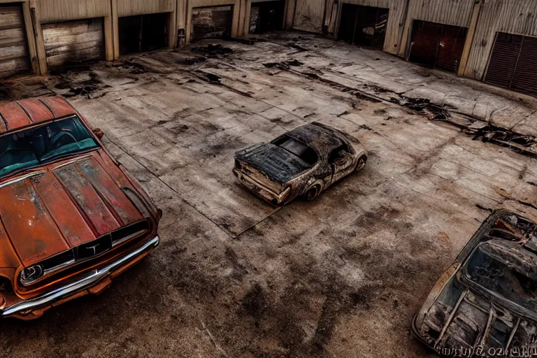 Prompt: A rusty old mustang in an abandoned big factory, sun lighting from above, taken with a Leica camera, ambient lighting, sunset time, highly detailed art