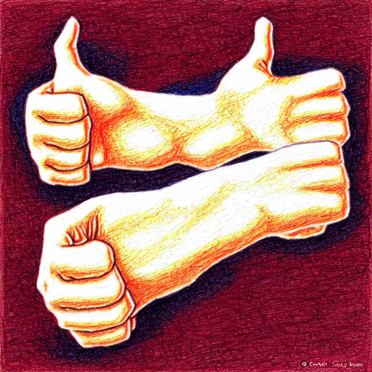 Image similar to Thumbs up; Thumbs down. Do you share your prompts around? If you take, I do not fret, but if I copy and also alter, will you regret, will our friendship falter? colored-pencil drawing as a fancy square tile