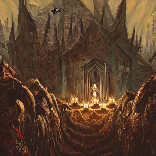 Image similar to painting of evil occult ritual with hooded cult members worship demonic shrine, ultra realistic, concept art, intricate details, eerie highly detailed