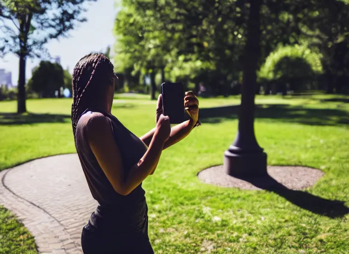 Image similar to photo still of a bronze statue of a woman using an iphone to take a selfie in a park on a bright sunny day, 8 k 8 5 mm f 1 6