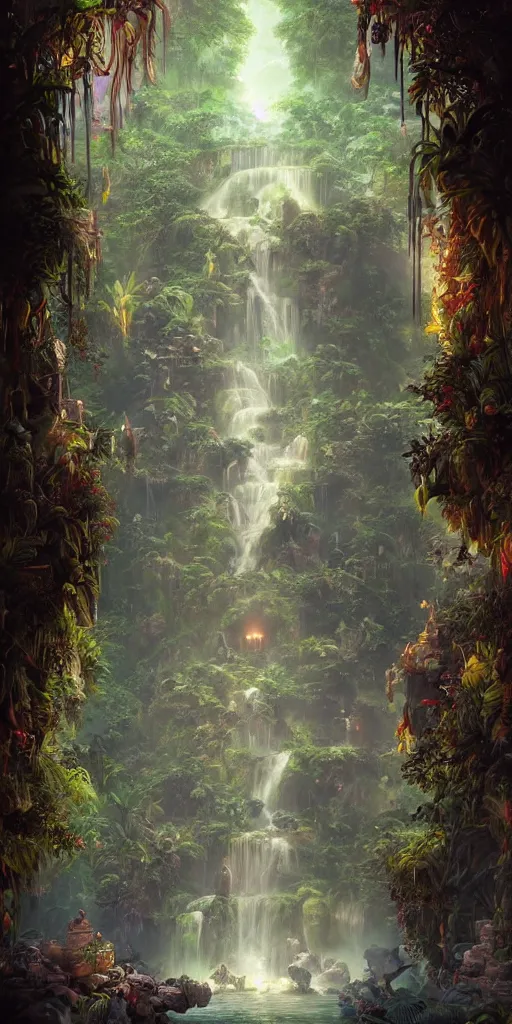 Prompt: Detailed Interior of the Tropical Jungle Monastery Ruins, Waterfall walls, lush vegetation, flock of birds, the glowing throne, stunning atmosphere, in Style of Peter Mohrbacher, cinematic lighting