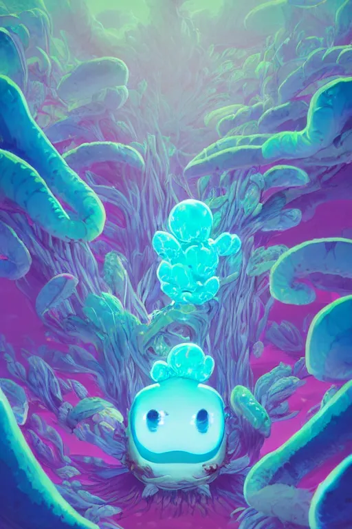 Image similar to roots cactus sushi cristal smurf ghost creature animal sushi cristal very big eye roots cactus elemental flush of force nature micro world fluo fishscale, behance hd by jesper ejsing, by rhads, makoto shinkai and lois van baarle, ilya kuvshinov, rossdraws radiating a glowing aura global illumination ray tracing hdr