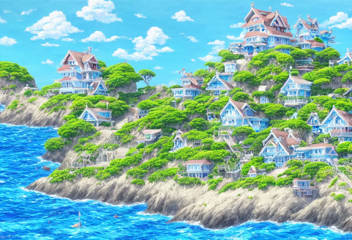 Image similar to a beautiful ultradetailed painting of a seaside house, sunny, close shot, studio ghibli sunlight, archdaily, wallpaper, highly detailed, trending on artstation