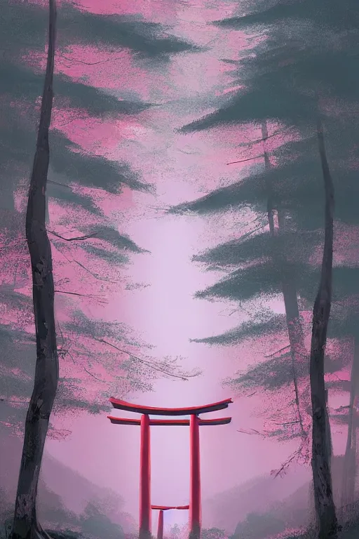 Prompt: Japanese Torii in the center of the picture , torii in a moutain with trees ,night , by Grzegorz Rutkowski, concept art, pink scheme