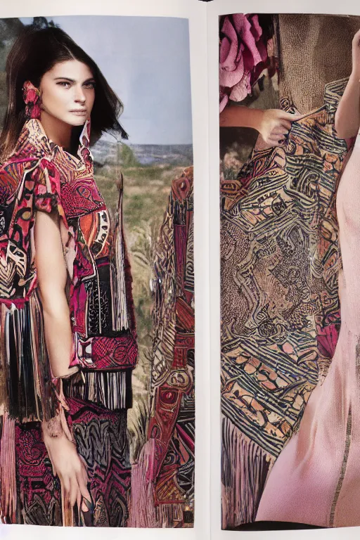 Image similar to a page of a high - end female fashion magazine, ancient aztec fashion, with images of clothing and descriptions and prices, high resolution scan of aztec fashion catalog