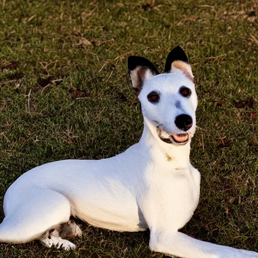 Image similar to old smooth fox terrier with a white and black coat, red collar, white tail, lying in the sun