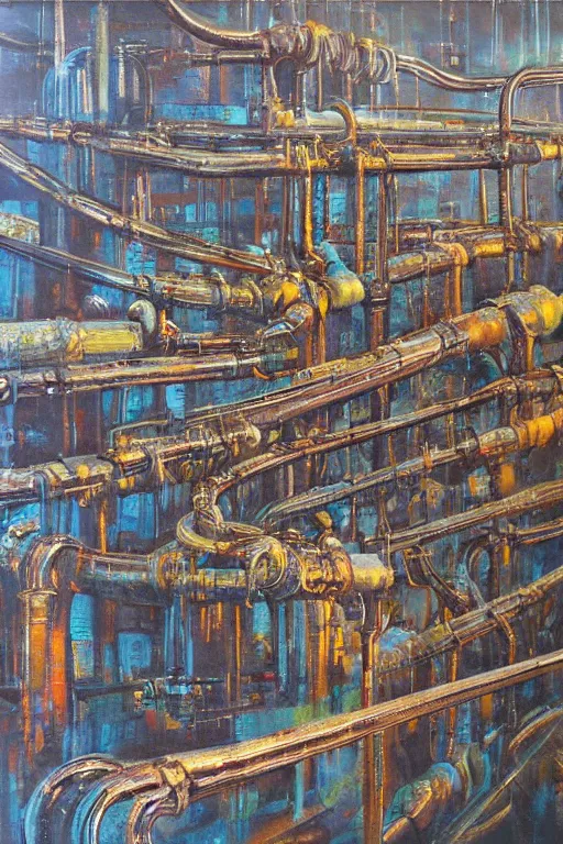 Image similar to oil painting, extra long-vie, hight detailed, thousand small melting industrial pipes, in style of 80s sci-fi art