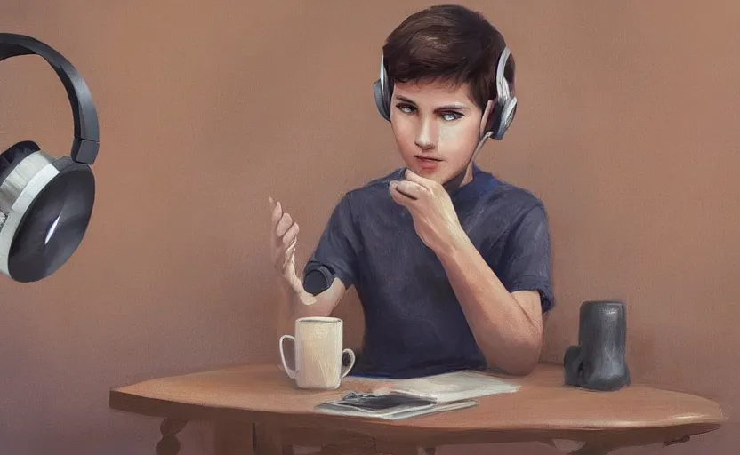Prompt: a boy with headphones sitting on a table in a cafe with a coffee, digital art, digital painting, masterpiece, concept art, trending on deviantart, highly detailed, high quality, anatomically correct, five fingers, cinematic, high coherence, soft lighting, soft colors, beautiful, elegant, short black hair, 4 k, symmetrical, realistic and detailed face, cartoon