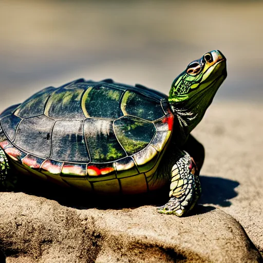 Prompt: red eared slider turtle basking on top of a stone, Cinematic shot, natural lighting, Ray tracing reflection,