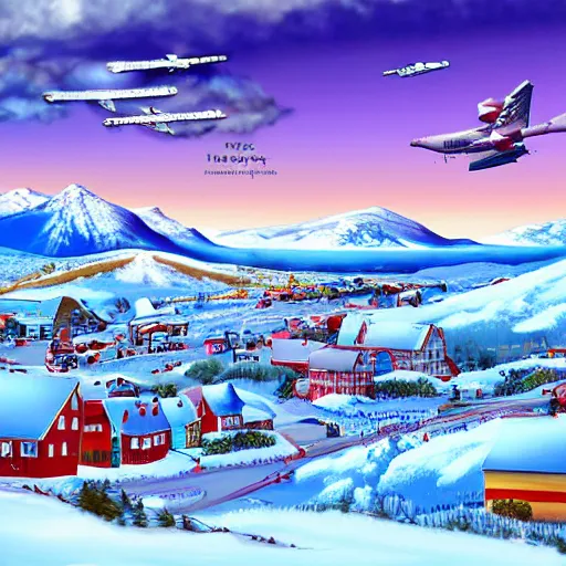 Prompt: snowy mountain, bright sky, small town, planes flying above, sky view, highly detailed digital art, bright colour, full of live