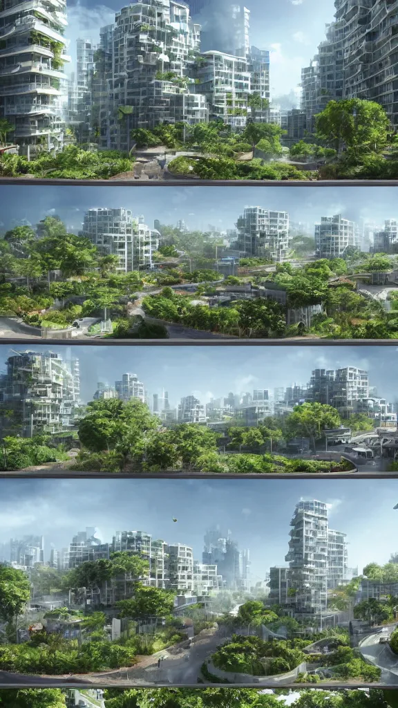 Prompt: 5 - panel comic page layout. 2 characters talking about sustainable futuristic building in a urban setting. ultrarealistic matte painting on white page. the building has many deep and tall balconies covered in plants and trees. thin random columns, large windows, deep overhangs. plants hang from balconies. greeble articulated details with plants. 8 k, uhd.