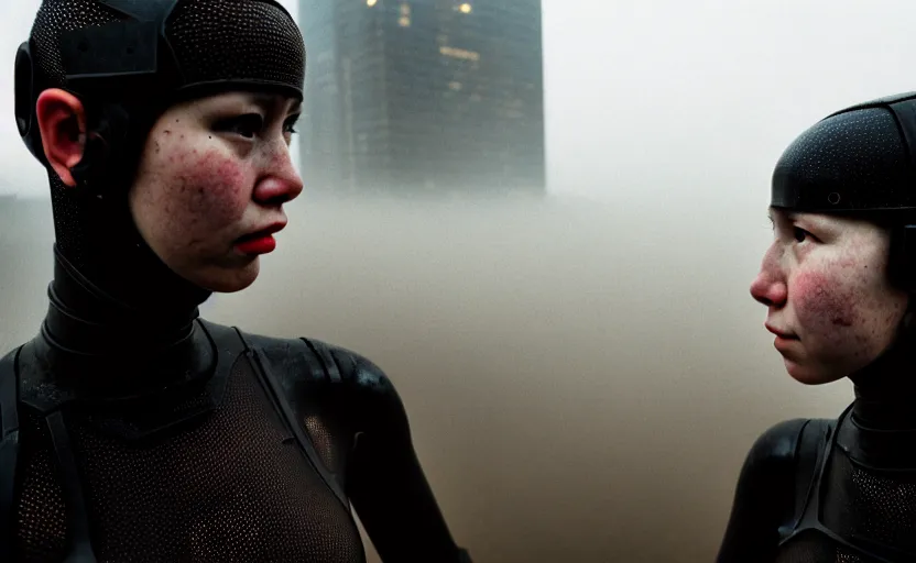 Image similar to cinestill 5 0 d candid photographic portrait by helen levitt of two loving female androids wearing rugged black mesh techwear in treacherous waters, extreme closeup, modern cyberpunk moody emotional cinematic, dust storm, 8 k, hd, high resolution, 3 5 mm, f / 3 2, ultra realistic faces, ex machina