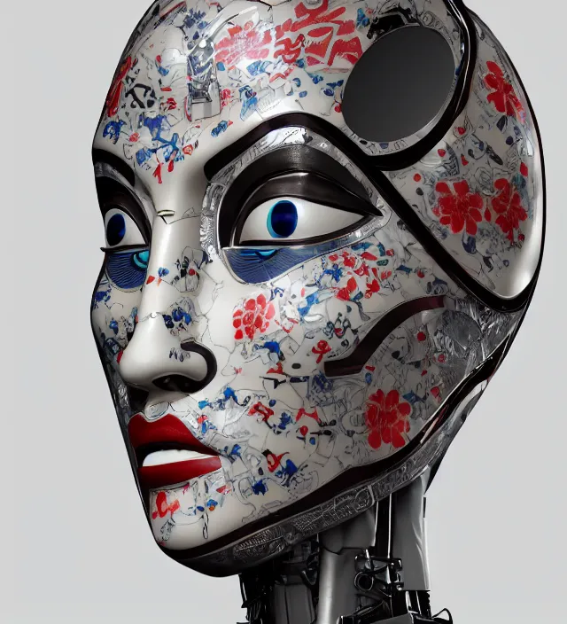 Image similar to full body portrait of a highly advanced digital robot with a porcelain japanese geisha face mask with kanji tattoos and decals, japanese model, octane render, intricate details, ultra realistic, dramatic lighting