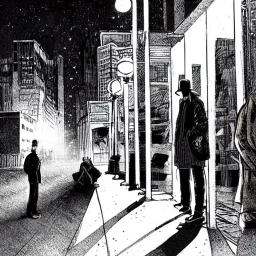 Prompt: a some people waiting in a lone bus stop in quiet dark city night in vertigo comics, high quality, high resolution,detailed