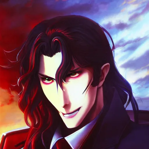 Image similar to portrait of alucard as a pilot, anime fantasy illustration by tomoyuki yamasaki, kyoto studio, madhouse, ufotable, trending on artstation