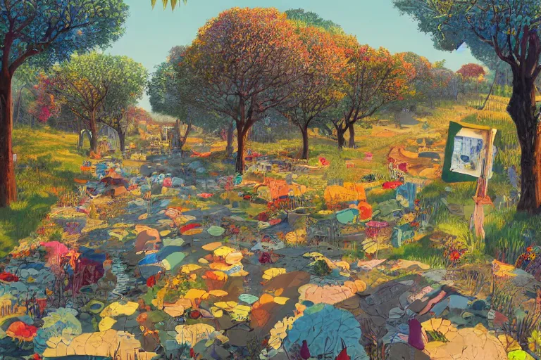 Image similar to surreal glimpse into other universe, jalan - jalan cari makan, summer morning, very coherent and colorful high contrast, art by!!!! gediminas pranckevicius!!!!, geof darrow, floralpunk screen printing woodblock, dark shadows, hard lighting, stipple brush technique,