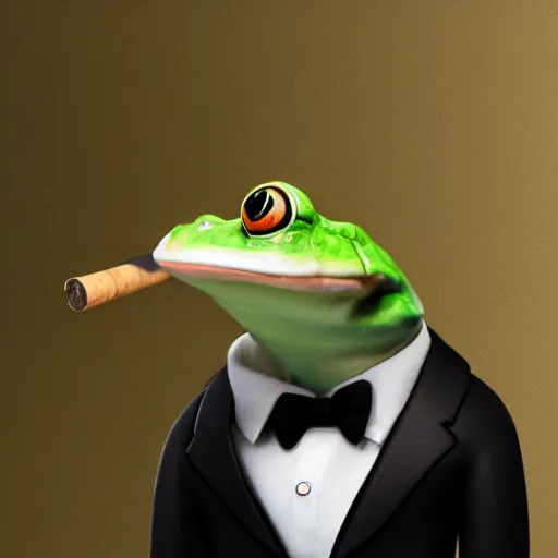 Image similar to a high quality photo of an antropomorphic frog wearing a suit smoking a cigar, 3d scene, render, ultra realistic, artstation, cgsociety