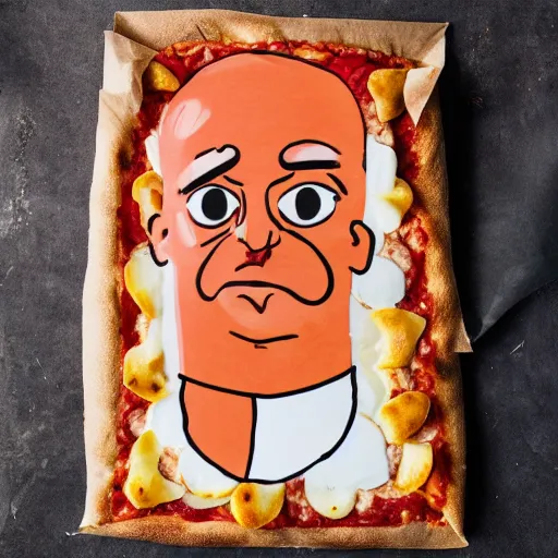 Prompt: a pizza with the face of John Cleese as toppings