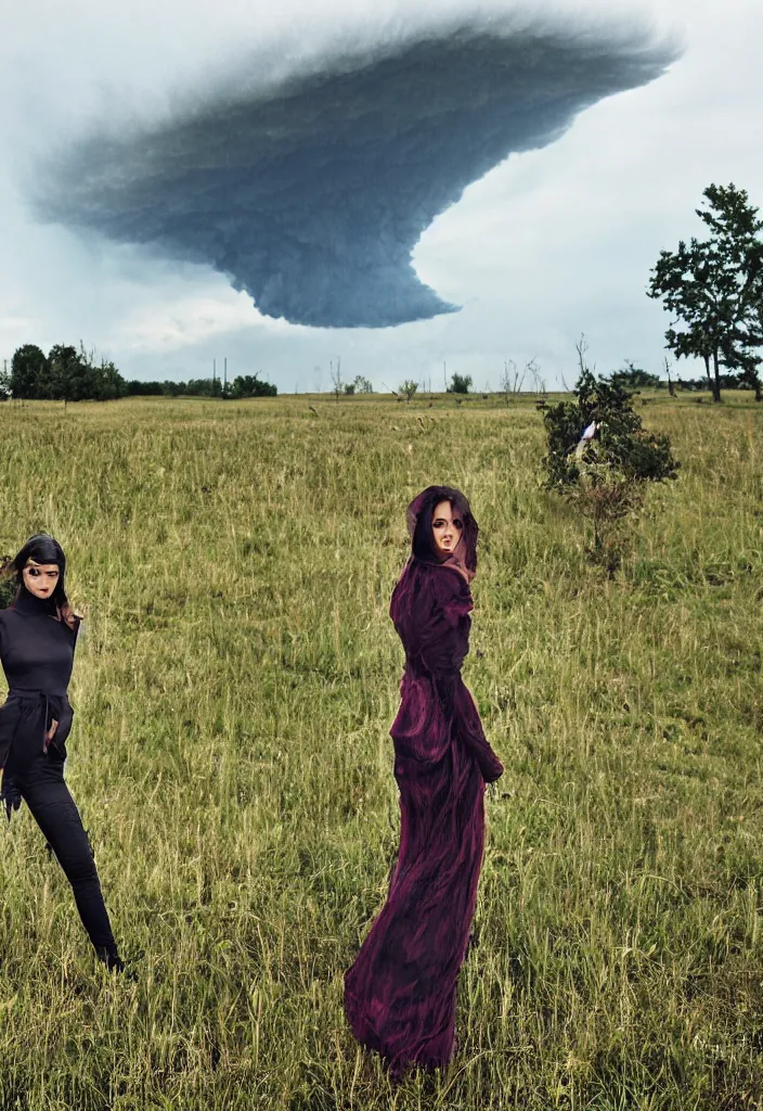 Image similar to fashion editorial in front of tornado storm on a field.