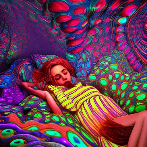 Image similar to photorealistic sleeping in a trippy psychedelic world. hyperdetailed photorealism, 1 0 8 megapixels, amazing depth, high resolution, 3 d shading, 3 d finalrender, 3 d cinematic lighting, glowing rich colors, psychedelic overtones, artstation concept art.