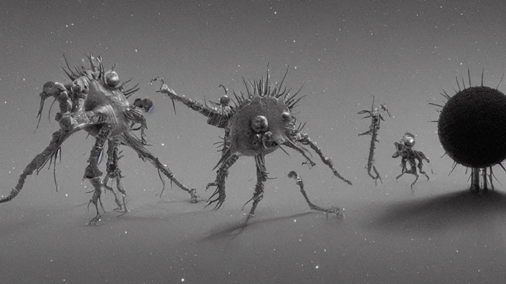 Prompt: a beautiful microscopic scientific photo of a coronavirus and an alien life form seen through the electron microscope, dark, sinister, detailed, in the style of John Gould and Greg Rutkowski