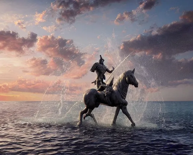 Image similar to a giant abstract sculpture of a great warrior on a horse on the ocean water, in the style of chad knight, award winning, cinematic, hyper - realistic, very detailed, realistic water splashes, ray tracing, 8 k resolution, long - shot, sharp focus, low angle, 8 5 mm photograph, wide lens