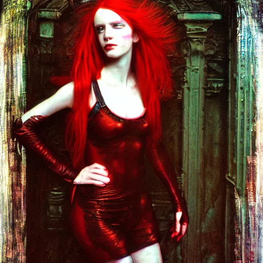 Image similar to redhead female cyberpunk punk in the style of john william waterhouse, kilian eng, rosetti, john everett millais, william holman hunt, 4 k photo autochrome